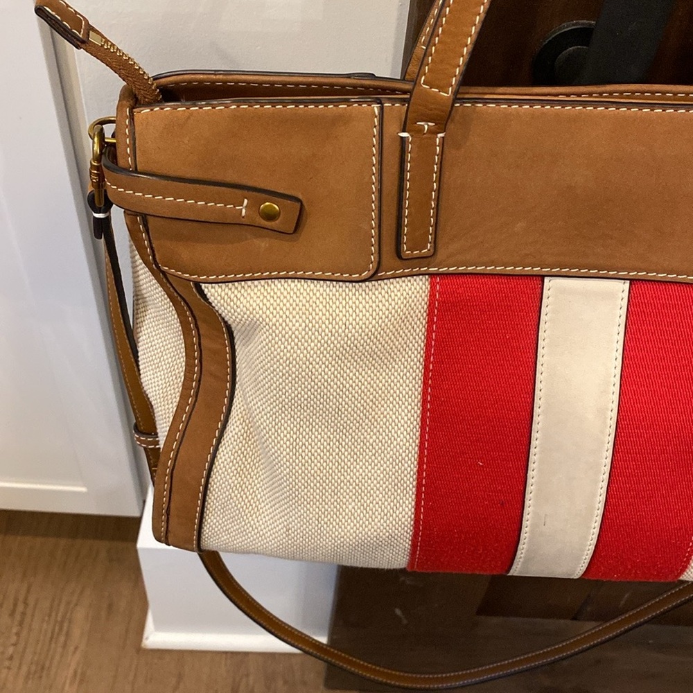 Tory Burch Canvas & Suede Center Stripe Satchel in Natural New Ivory Nut - Picture 6 of 16
